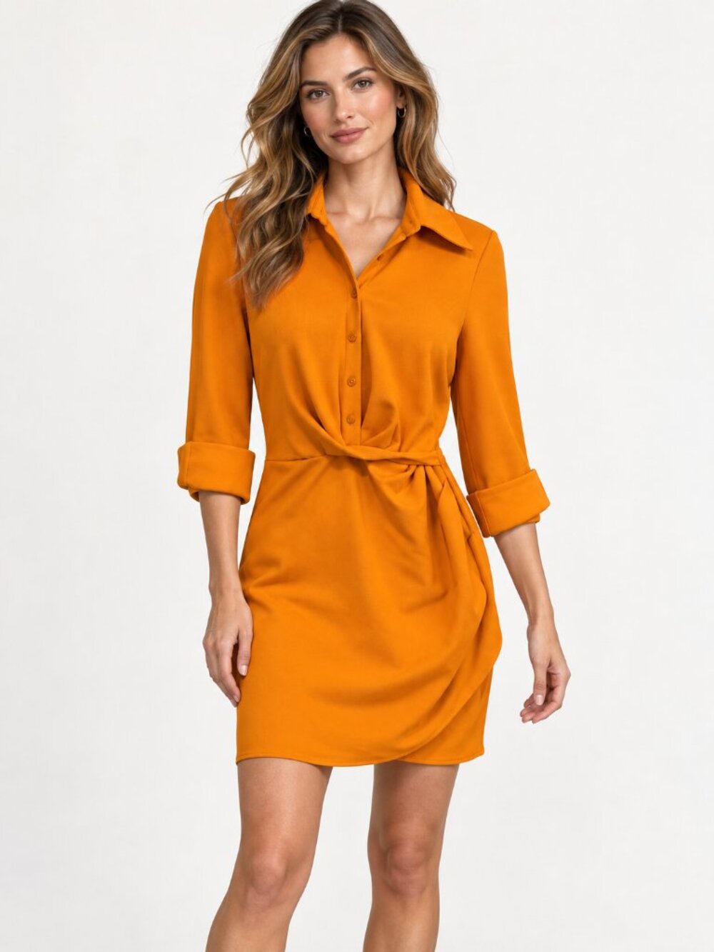 Zara Orange Draped Twist Front Shirt Mini Dress XS Fall